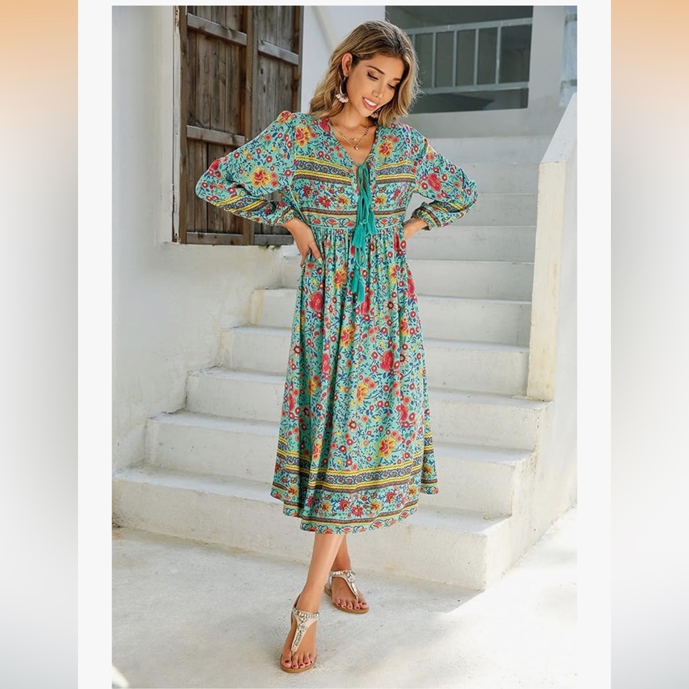 Bohemian Floral Midi Dress in Teal